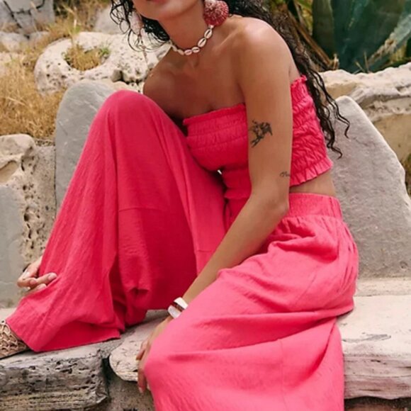 Free People Pants - Free People Solange Set Ruffle Pull-On Wide-Leg Smocked Top & Pants XL